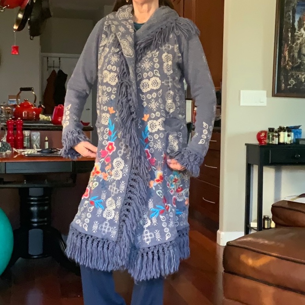 Fringed Gray and Multicolor Embroidered Cardigan
